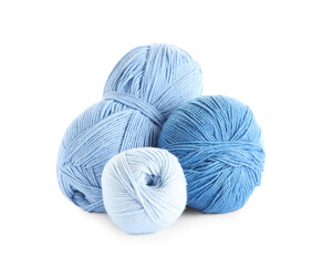 Different soft colorful woolen yarns on white background