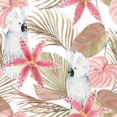 Zomer naadloze patroon met aquarel papegaai, palmbladeren op witte achtergrond. . Hand getekende illustratie. Jungle print met wilde vogels, bloemen