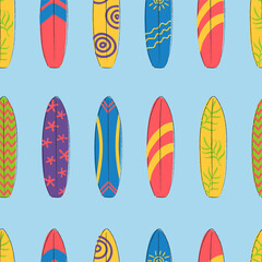 Colorful surfing boards seamless pattern. Line drawn surfboards in flat style.