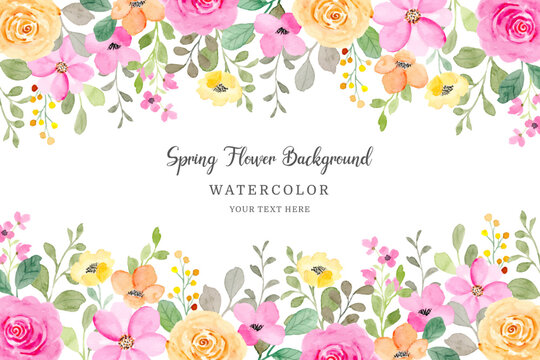 Naklejki Beautiful flower frame. Yellow and pink floral background with watercolor