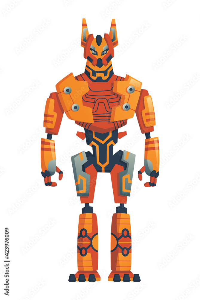 Poster modern robot concept. robotics and artificial intelligence technologies cyborg, military combat exos