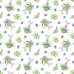 Watercolor Easter Pattern with Bunny. Rabbit with a eggs. Easter cute Rabbit. Willow branch with leaves. Easter design for packaging. Gray rabbit. Easter gray bunny.