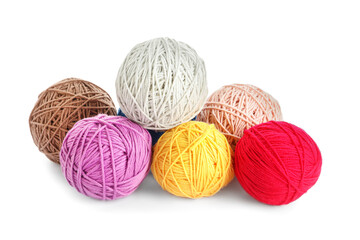 Soft colorful woolen yarns on white background