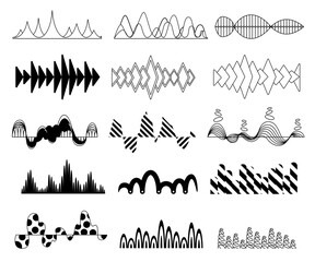 Black sound waves set, audio digital equalizer technology, musical pulse  Illustrations on a white background. Voice line waveform, volume level symbol
