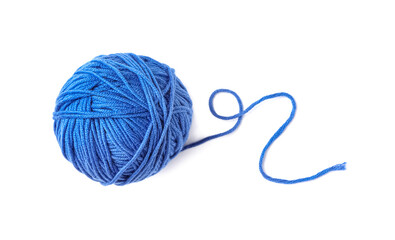 Soft blue woolen yarn isolated on white, top view