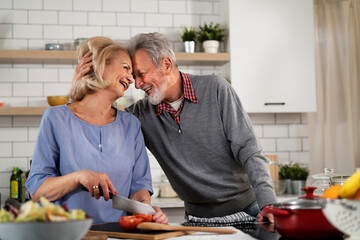 Senior woman and man cooking in the kitchen. Happy husband and wife preparing delicious food at home.