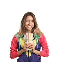 Young woman with delicious shawarma on white background