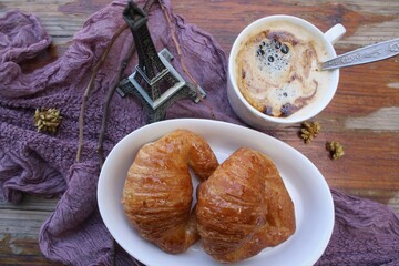 A French breakfast with croissants. Nostalgia for Paris. 