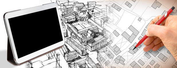 Planning a new city - Engineer-architect drawing with a pencil a sketch of a new modern imaginary...
