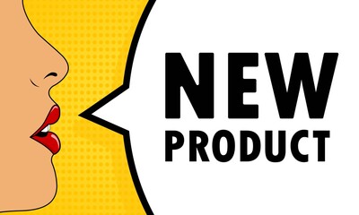 Female mouth with red lipstick screaming New product speech bubble. Can be used for business, marketing and advertising. Vector EPS 10. Isolated on white background