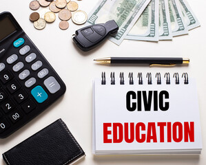 On a white table is a calculator, car key, cash, a pen and a notebook with the inscription CIVIC...