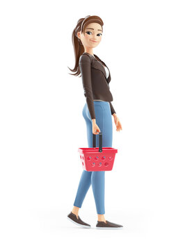 3d cartoon woman with shopping basket