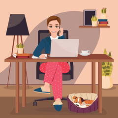 Young woman freelancers working on laptop at home. Vector illustration.