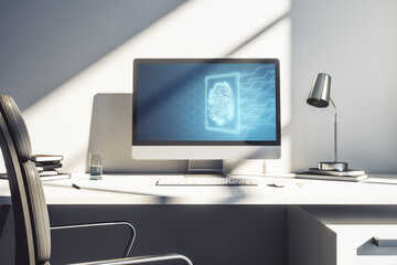 Modern computer monitor with abstract creative fingerprint hologram, research and development concept. 3D Rendering