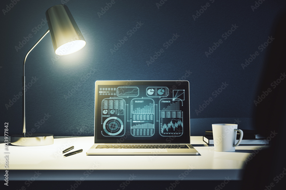 Aufkleber modern computer display with abstract graphic data spreadsheet sketch, analytics and analysis concep