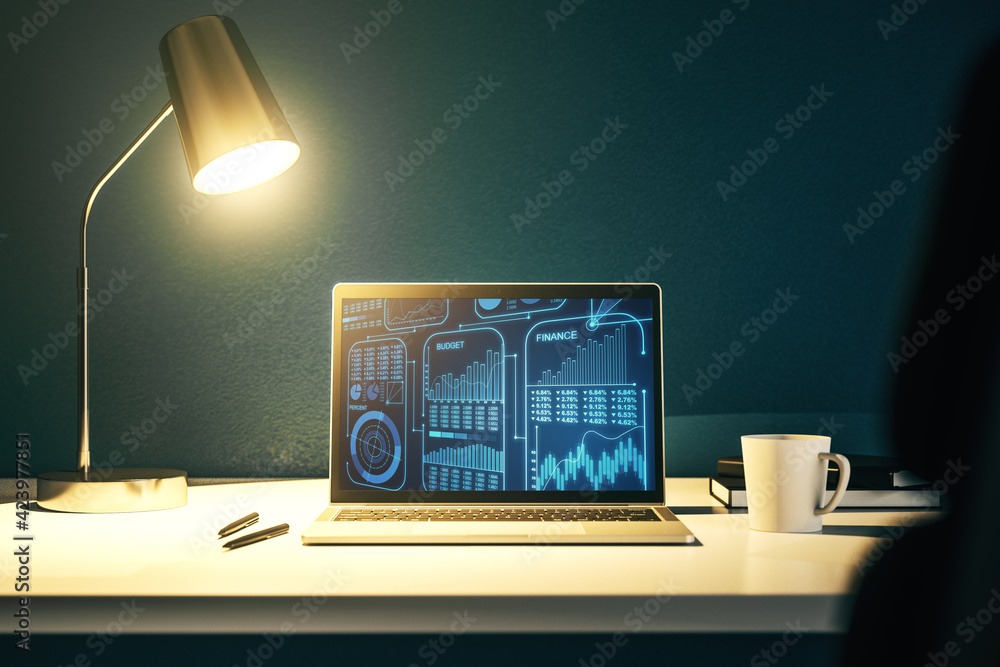 Poster abstract creative statistics data hologram on modern computer monitor, analytics and forecasting con