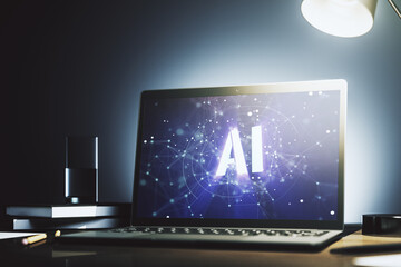 Creative artificial Intelligence symbol concept on modern laptop screen. 3D Rendering