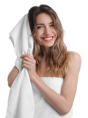 Beautiful young woman wiping hair with towel after washing on white background