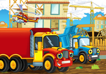 Obraz na płótnie Canvas cartoon scene construction site cars vehicles helicopter