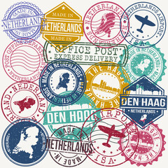 The Hague Belgium Set of Stamps. Travel Stamp. Made In Product. Design Seals Old Style Insignia.