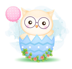 Cute doodle baby owl holding balloon in decorative easter egg cartoon character Premium Vector