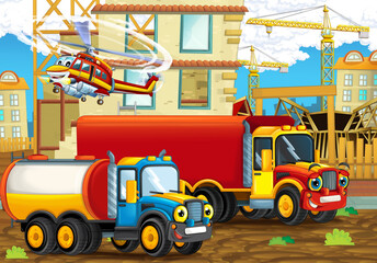 Plakat cartoon scene construction site cars vehicles helicopter