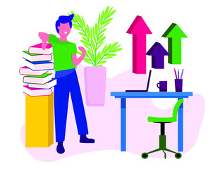 Character a person in the office at work Brainstorming The birth of an idea Creative process Analytics Marketing Vector illustration