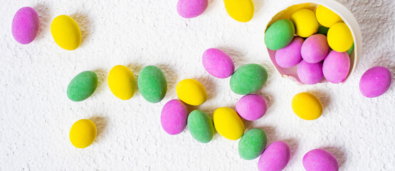 Close up of a pile of colorful chocolate coated candy