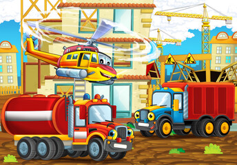 cartoon scene construction site cars vehicles helicopter