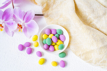 Close up of a pile of colorful chocolate coated candy