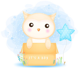 Cute doodle baby owl boy in the box cartoon character Premium Vector