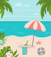 Summer background. Sunny day at the beach. Vector illustration with palm trees, umbrella, sand bucket, beach ball and starfish. Beautiful colorful tropical background. Illustration in a flat style.