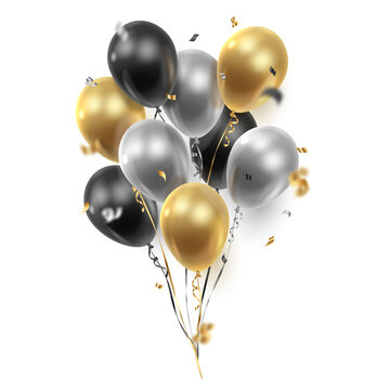 Bouquet, bunch of realistic transparent, golden, silver, black  ballons, ribbons, serpentine, confetti. Vector illustration. 