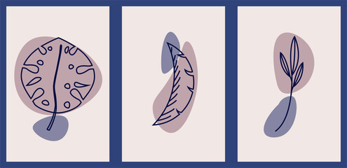 vector set of postcards. flat image of a set of postcards with foliage and blurred shapes
