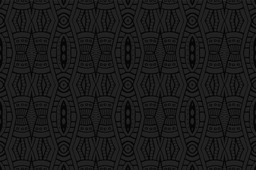 Geometric volumetric convex black background. Ethnic stylish African, Mexican, Native American style. 3D texture from embossed exotic ornament for wallpaper design, presentations, stained glass, texti