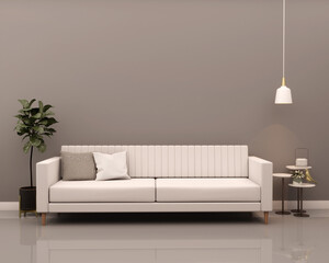 Living room with gray wall white sofa cushions plants side table with decorations and pendant. 3d rendering
