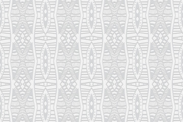 Obraz premium Geometric volumetric convex white background. Ethnic African, Mexican, Native American style. 3d texture from an ornament with a repeating relief pattern for wallpaper, stained glass.