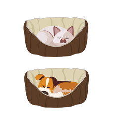 Cat sleeping in a basket. Dog sleeping in a basket. Home pets. Vector illustration.