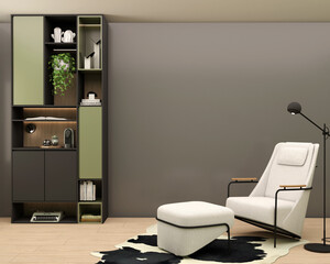 Living room with burnt gray wall bookcase typewriter coffee maker white armchair, leather carpet decorations and plants. 3d rendering