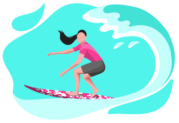 woman surfing in sea, ocean.
Person wearing a swimsuit and holding a surfboard
Summer sport, beach activity