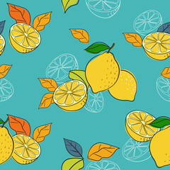 Hand draw Lemon Seamless Pattern on blue background. Vector editable file.