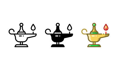 Oil lamp icon. With outline, glyph, and filled outline styles