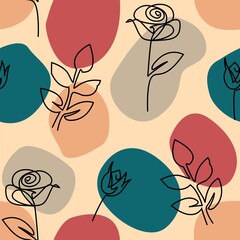 Seamless abstract floral pattern. Rose one line drawing on spotted background for fashion design. Artistic background.