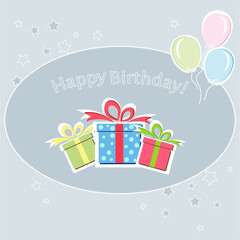 Birthday greeting card with multicolor presents and balloons, vector. Birthday party background