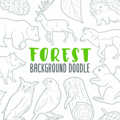 Forest Animals Doodle Banner Icon. Woodland Vector Illustration Hand Drawn Art. Line Symbols Sketch Background.