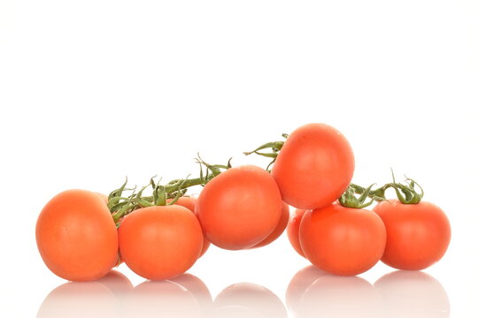 Several red ripe, cocktail tomatoes on a twig, close-up, isolated on white.