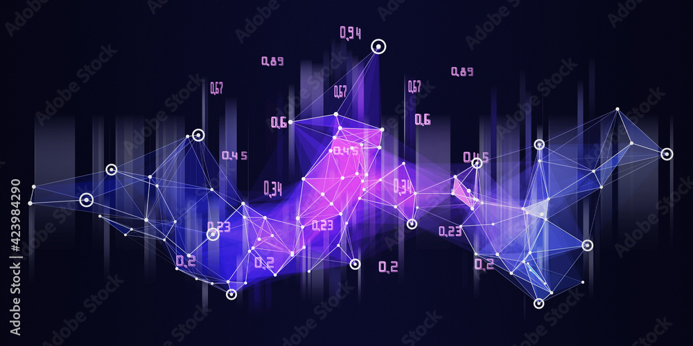 Wall mural abstract background with chaotic polygonal color grid and blurred data on dark. futuristic technolog