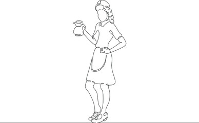 Fast food diner waitress with a decanter of hot coffee. Drinks and meals. Carbonated drinks and sandwiches.One continuous drawing line  logo single hand drawn art doodle isolated minimal illustration.