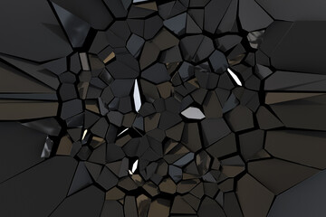 Broken black mirror. Black abstract polygonal background. Deformation black surface. 3d rendering illustration. High resolution.