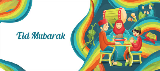Eid Mubarak Islamic Holyday Colorful Hand Drawn Illustration